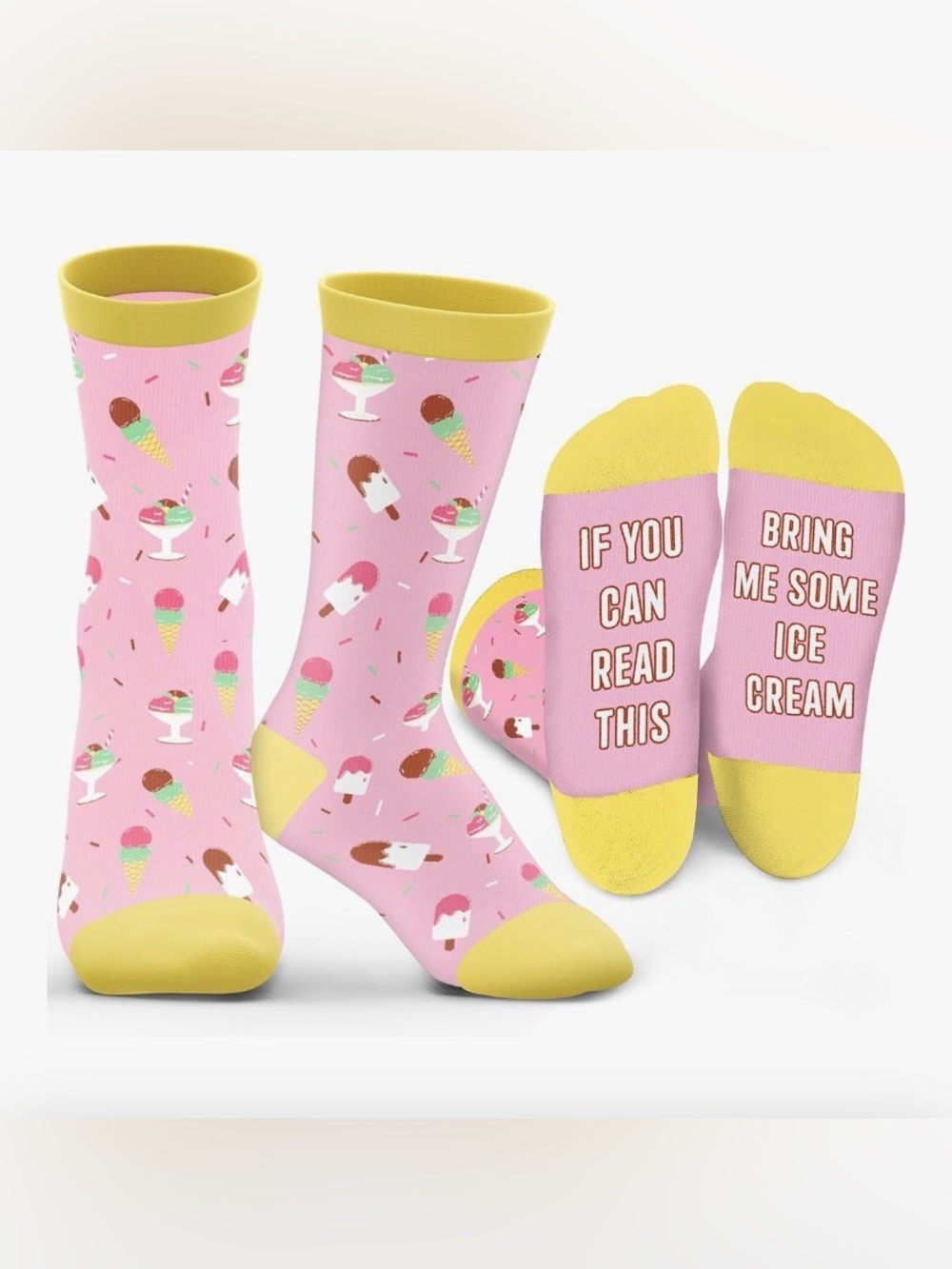 Pink Ice Cream Novelty Crew Socks with Yellow Accents